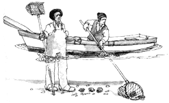 
Fishing the shallows with a net or basket.
